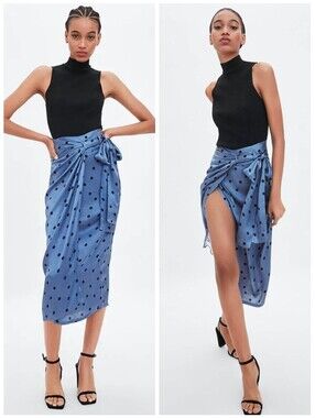 Zara Blue Polka Dot Side Wrap Viscose Midi Skirt S Resort Preppy NWT